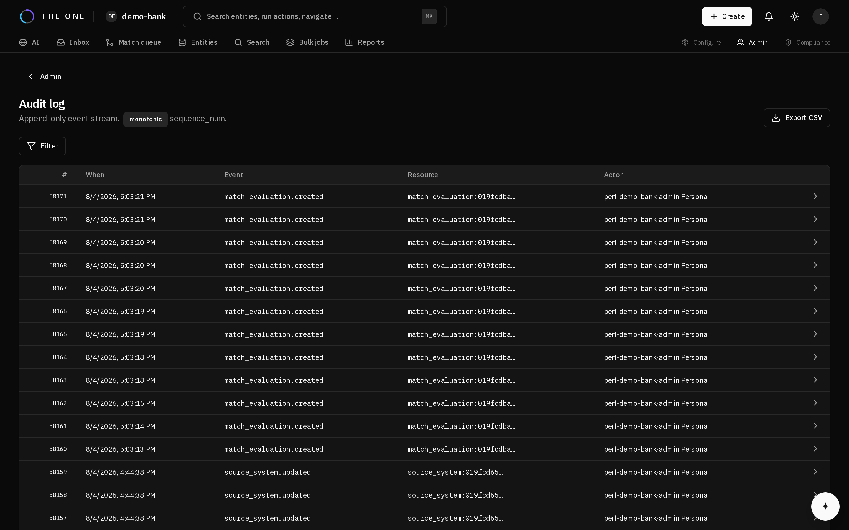 The audit log screen