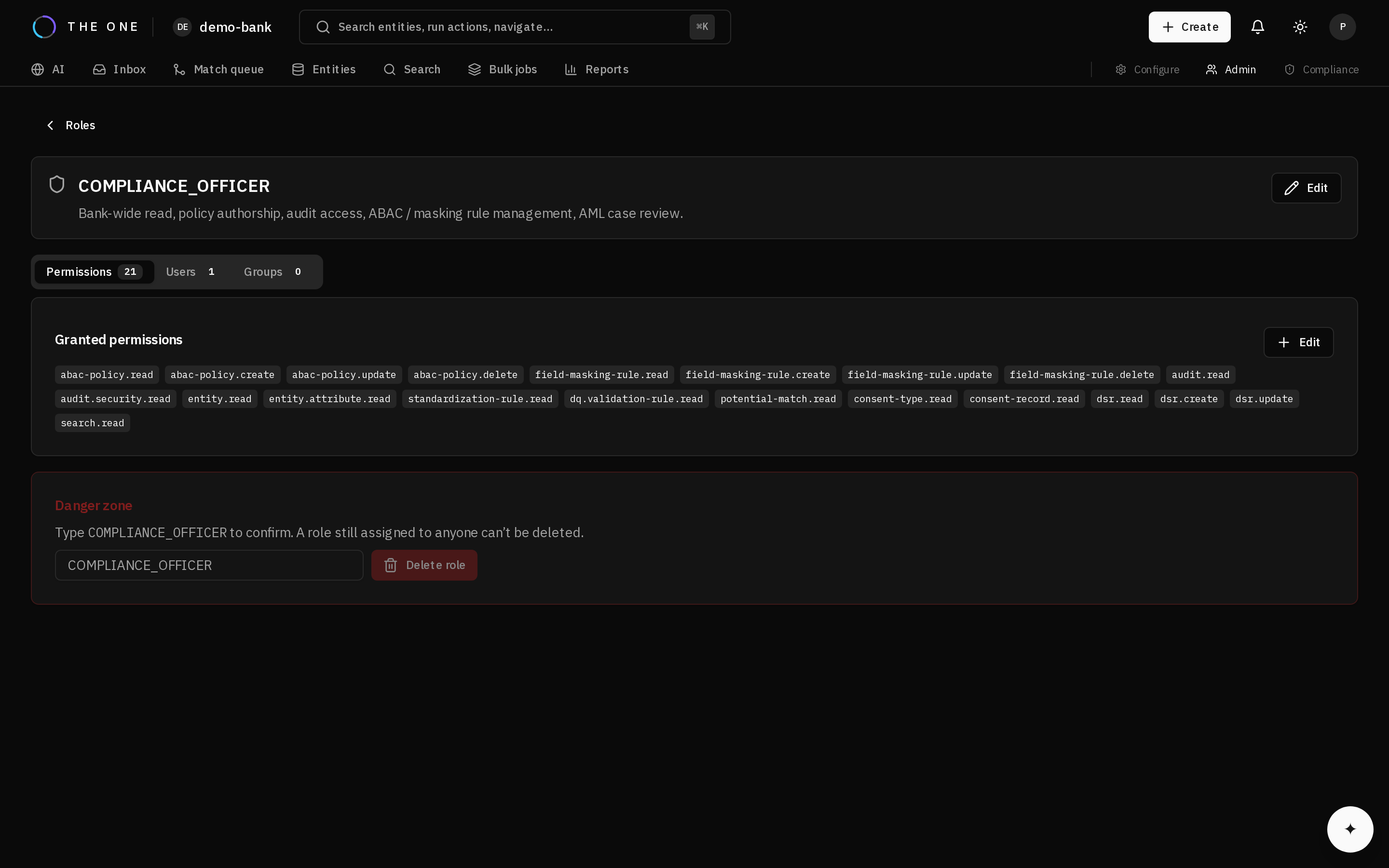 A role's detail screen, with its granted permission codes and its user and group counts
