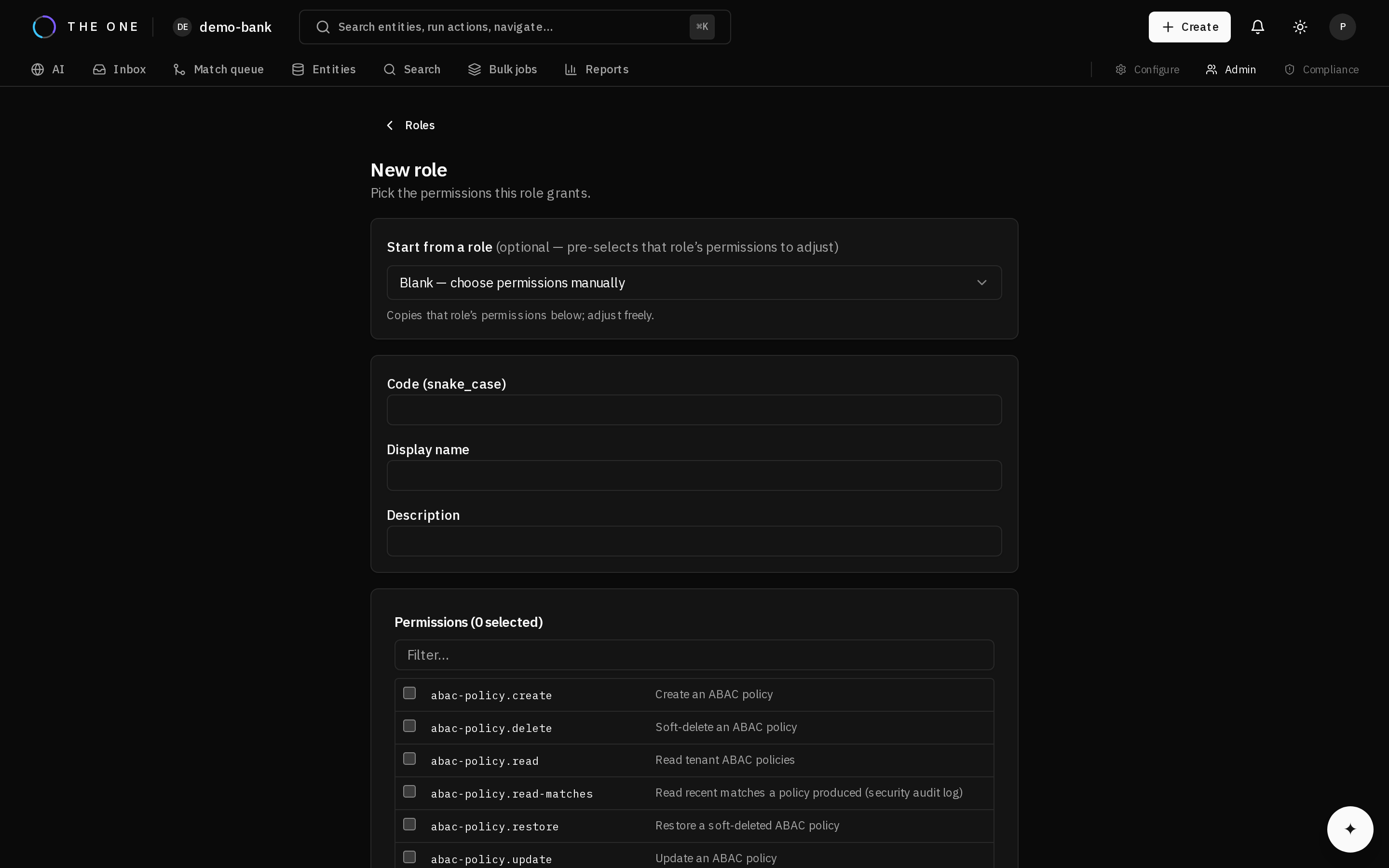 The new-role form, with the start-from-a-role picker, the code and display-name fields, and the permission list