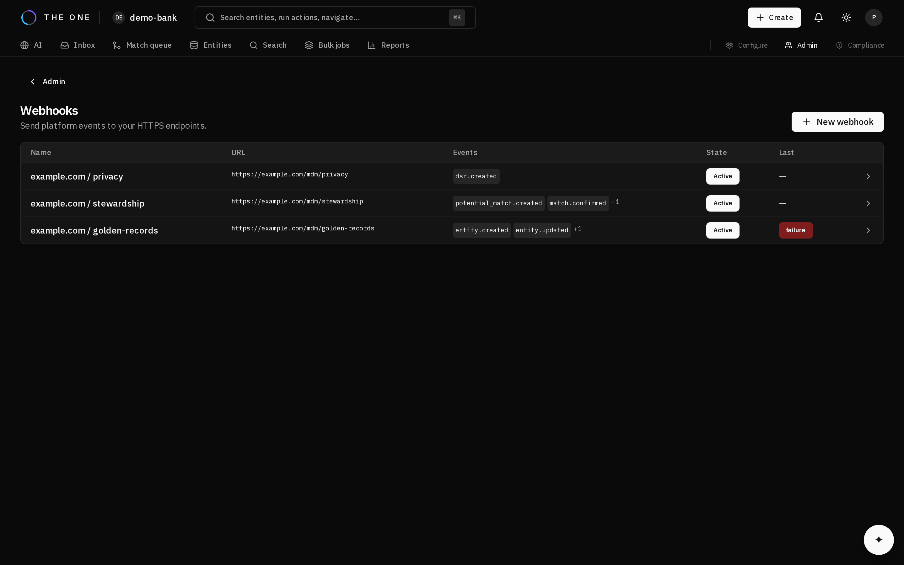 The webhooks screen listing subscriptions