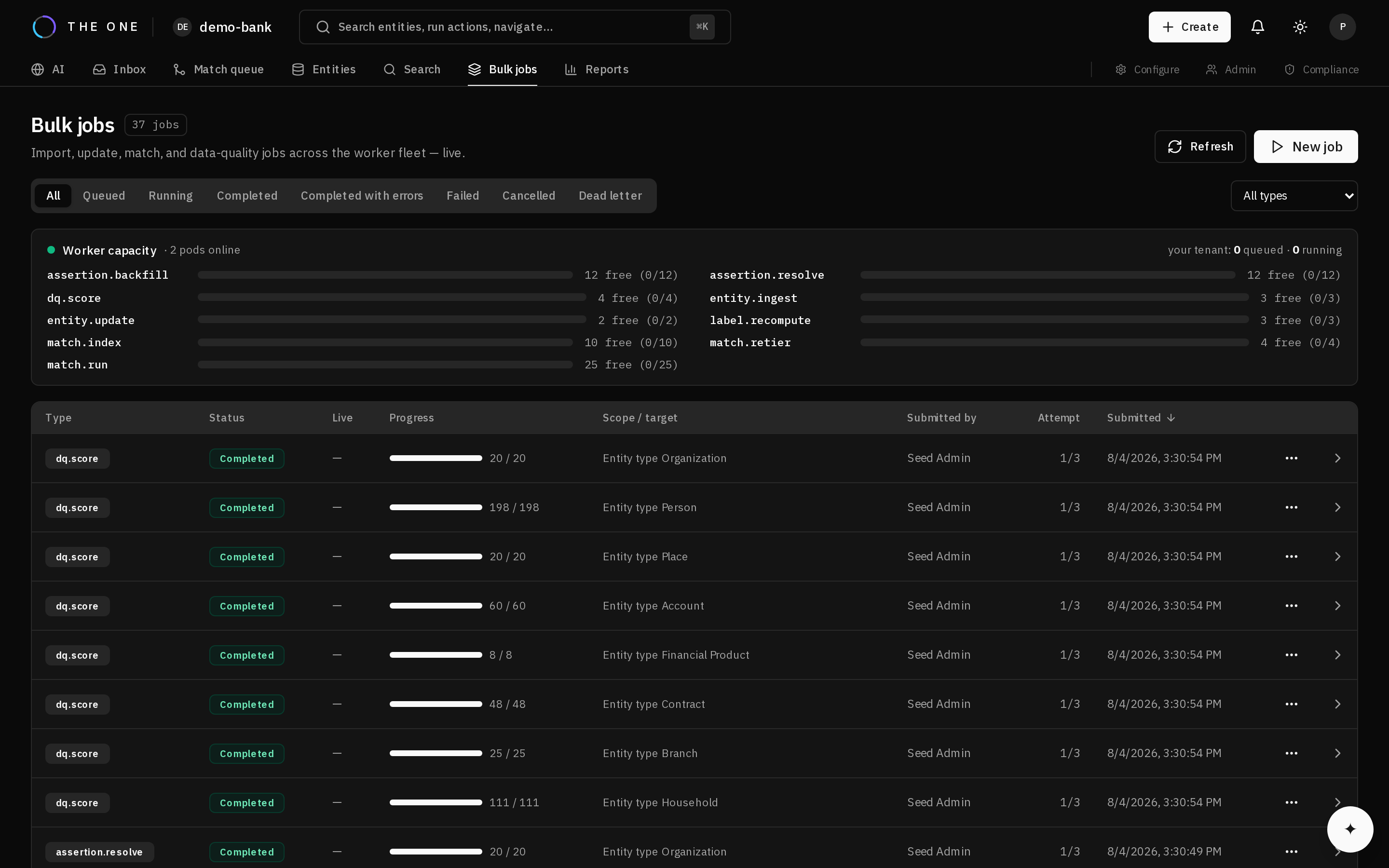 The bulk jobs screen