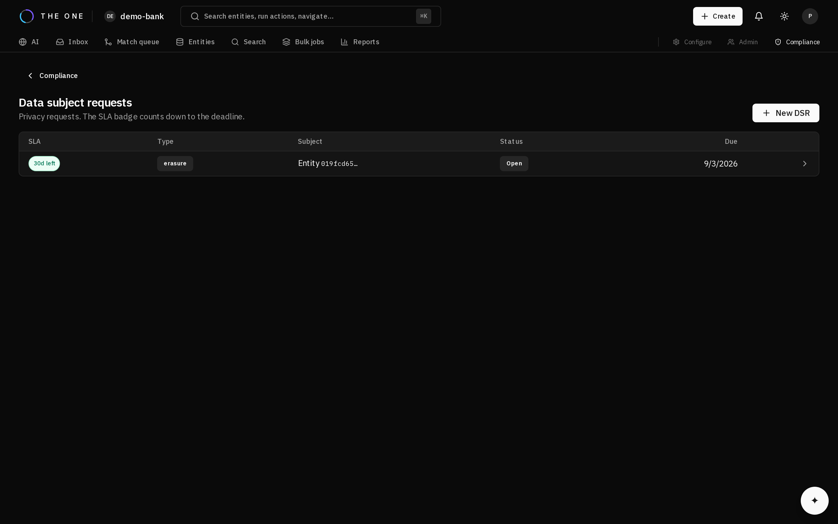 The data subject requests screen