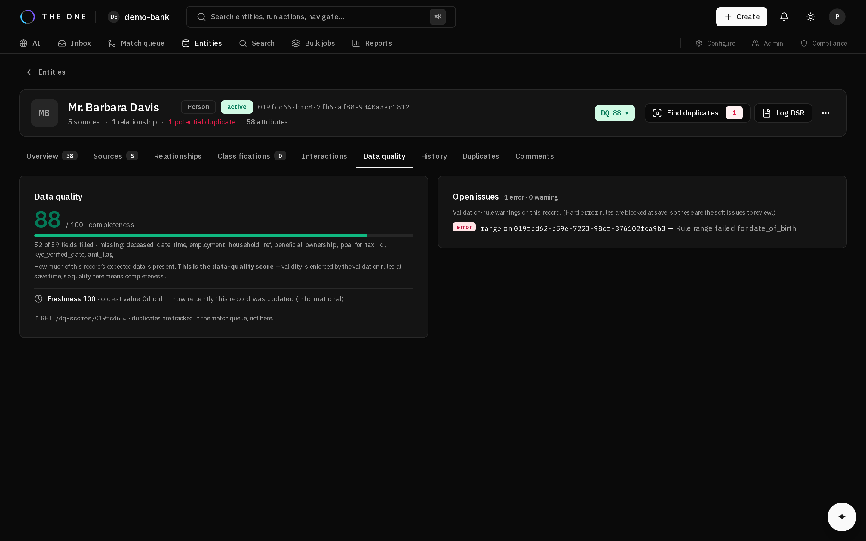 The Data quality tab showing score and violations