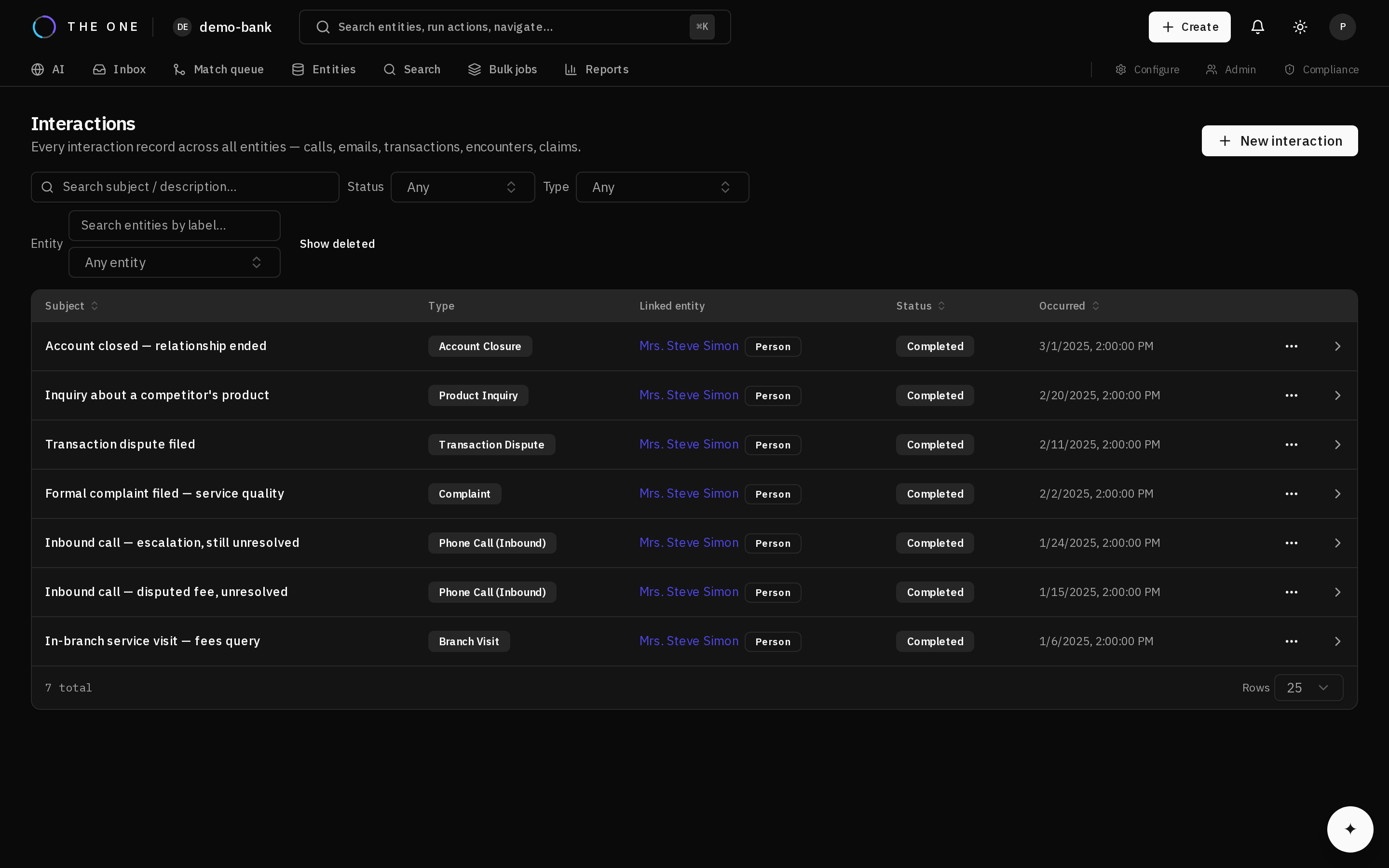 The interactions screen listing recorded interactions