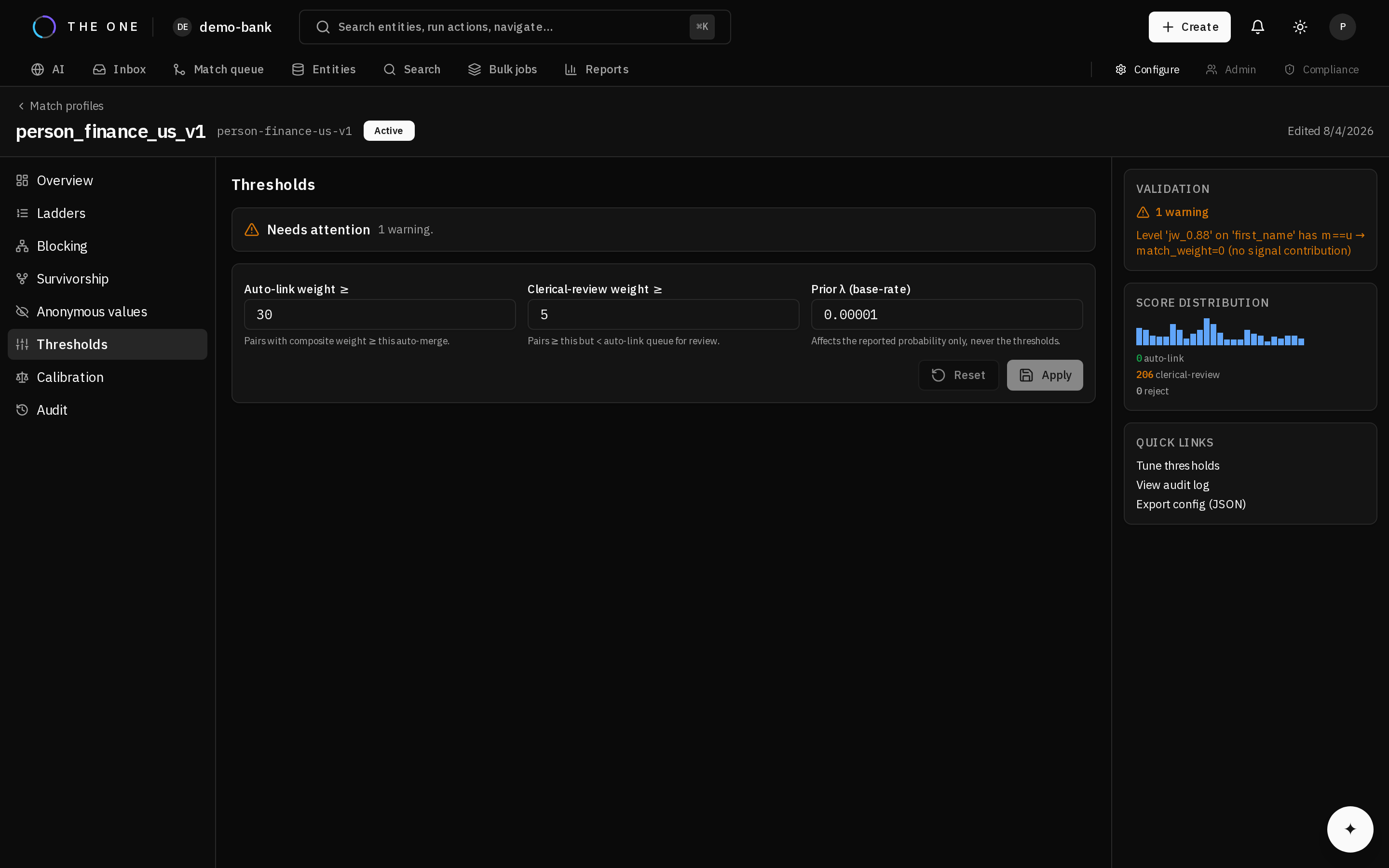 A aba Limiares com a distribuição de pontuações